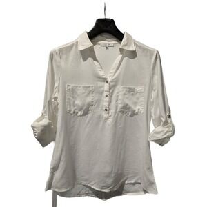Love Tree White Linen Blend Roll Tab Sleeve Button Up Blouse Small